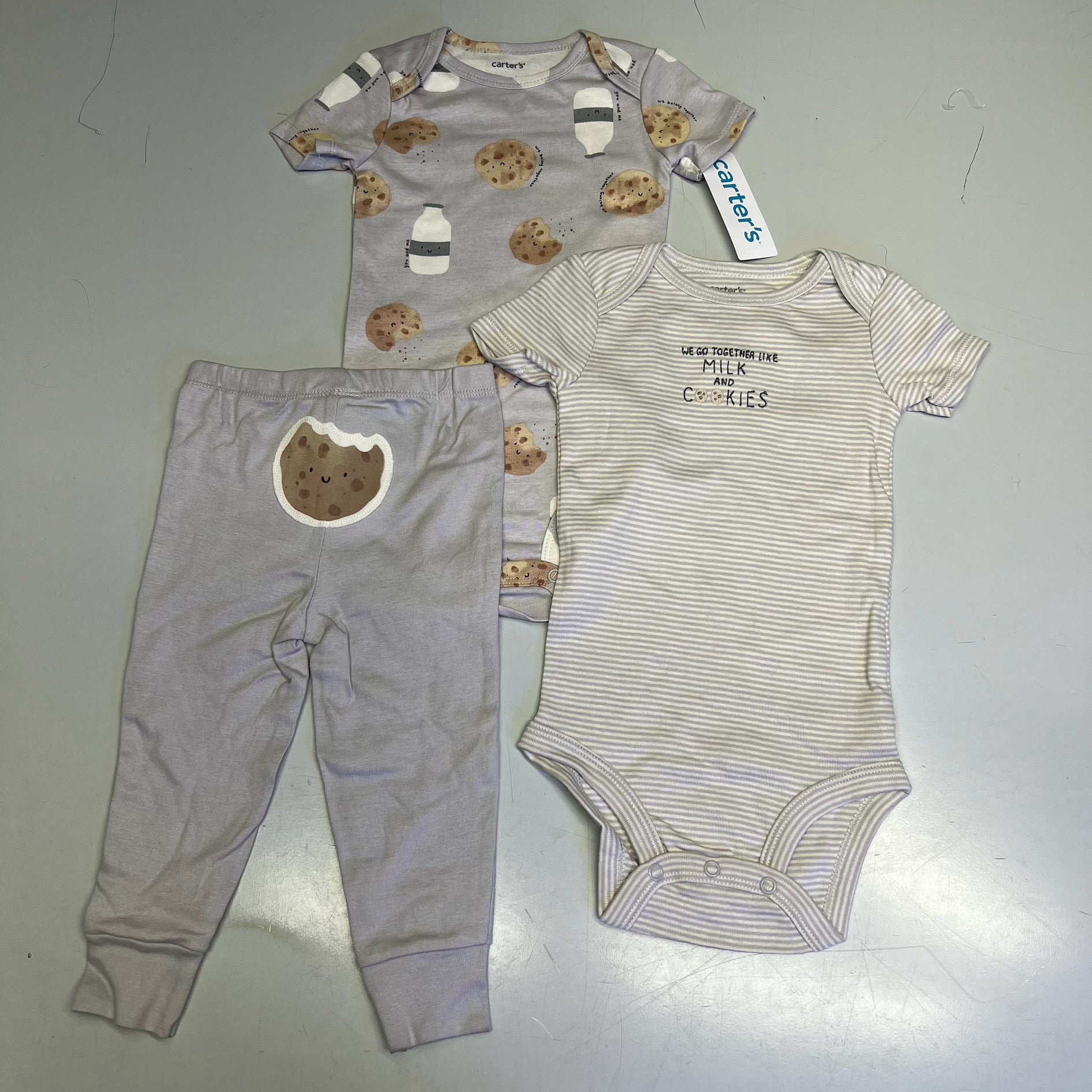 CARTERS (SET OF 3) 100% Cotton Milk & Cookies Set  Baby's Sz 12M Grey 1T122410