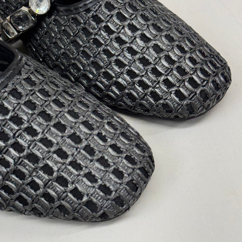 KENNETH COLE New York Zeta Raffia Jewel Jane Flat Women's Sz 9.5 Black KL25ZMJ01
