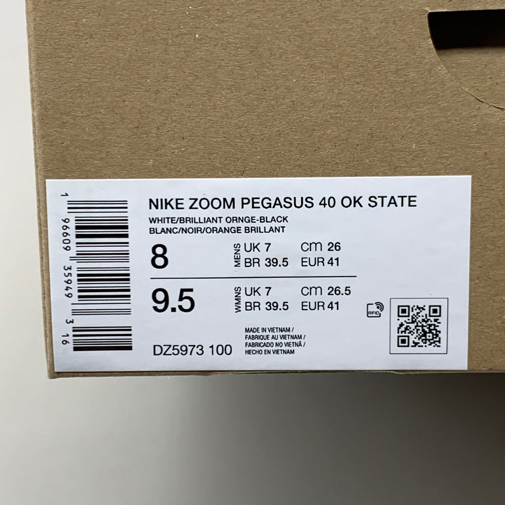 NIKE Zoom Pegasus 40 OK STATE White Shoes, Brilliant Orange & Black 9.5 W 8 M DZ5973-100