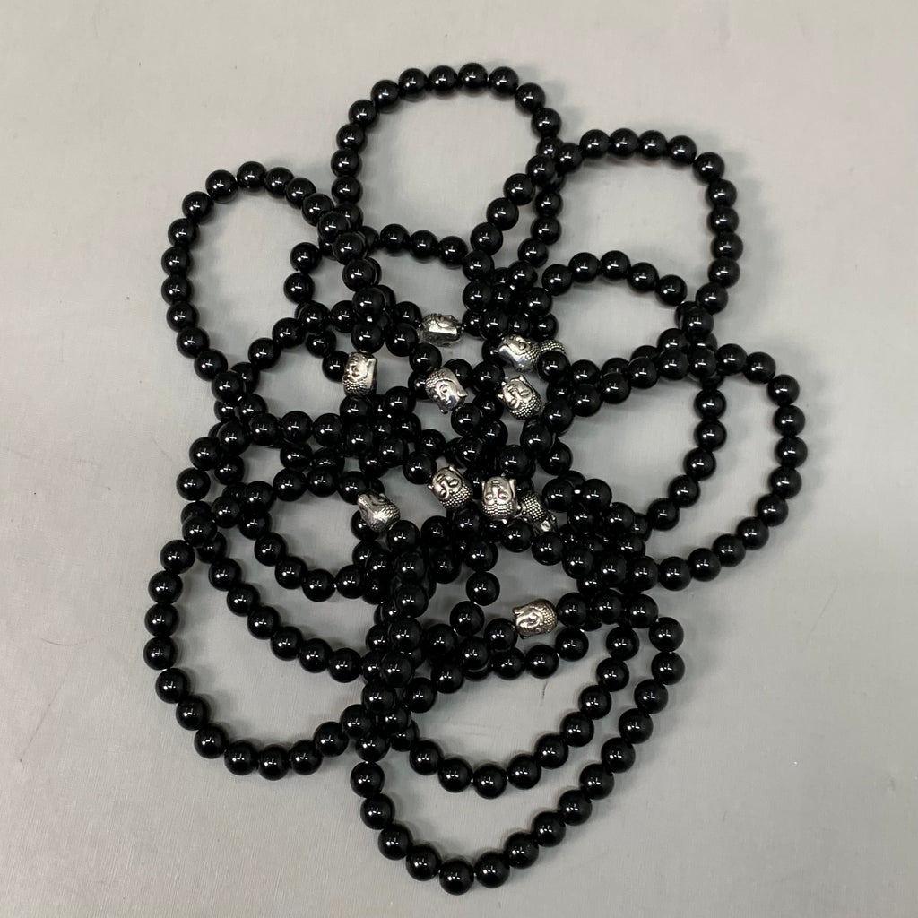 BEST WHOLESALE (12 PACK) Beaded Shiny Black Crystal Bracelets 3" Silver Buddha New