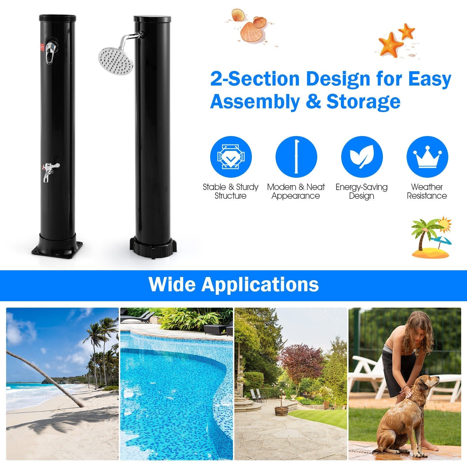 7.2 Feet Solar-Heated Outdoor Shower with Free-Rotating Shower Head