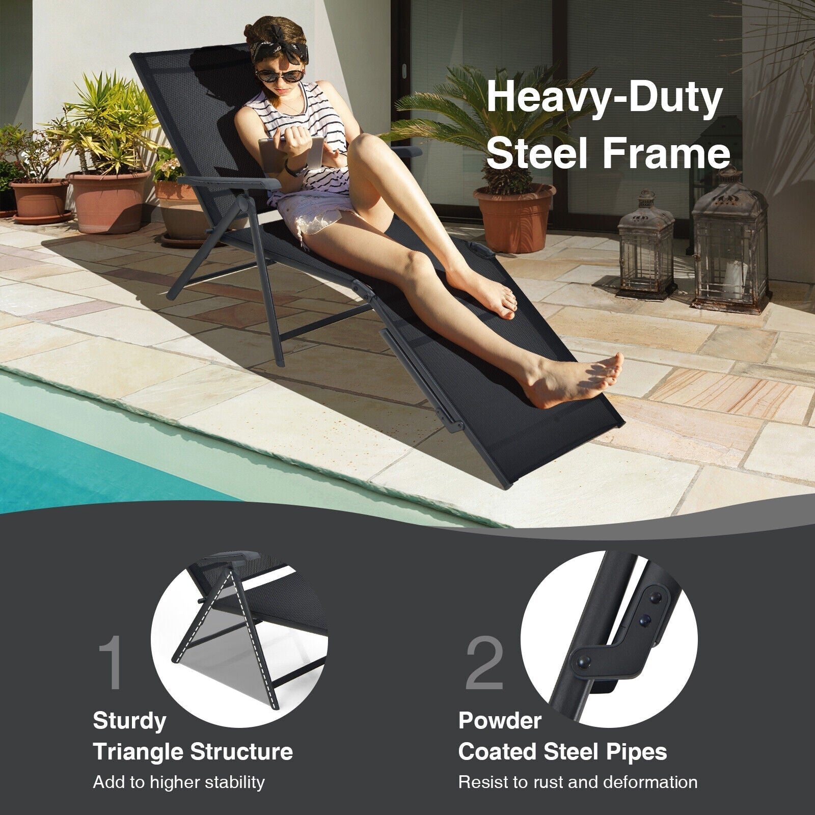 2 Pieces Foldable Chaise Lounge Chair with 2-Position Footrest