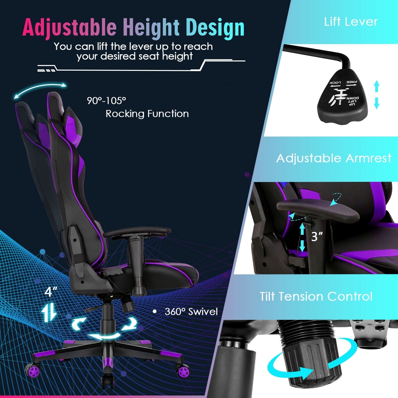 Gaming Chair Adjustable Swivel Computer Chair with Dynamic LED Lights