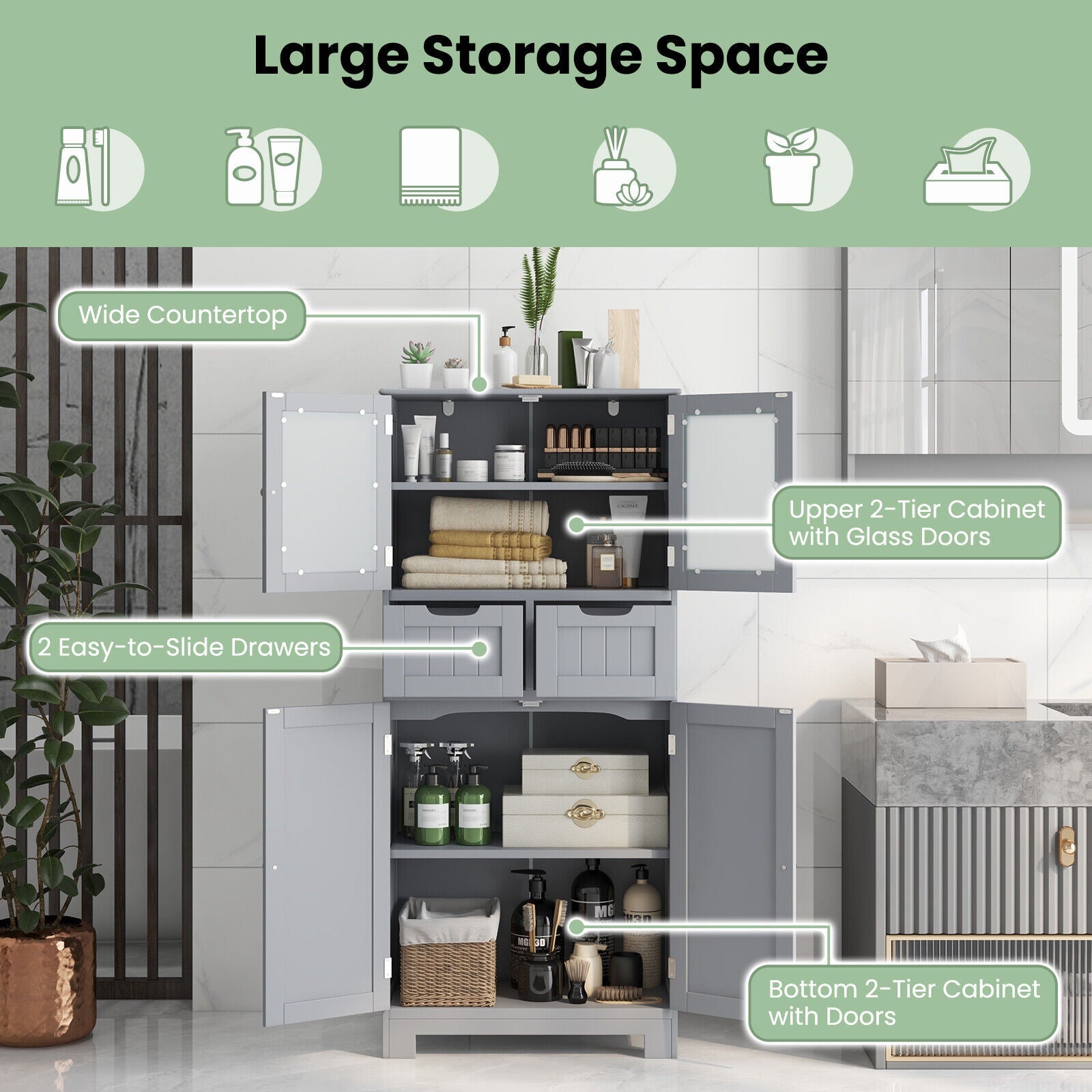 3 Tier Freee-Standing Bathroom Cabinet with 2 Drawers and Glass Doors