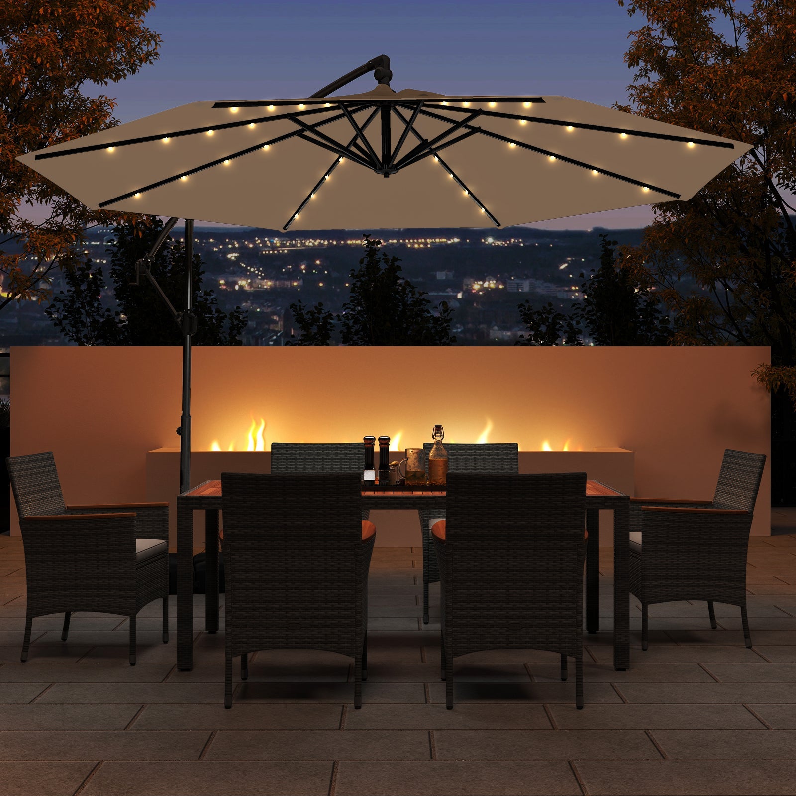 10 Feet Solar Offset Hanging Umbrella with Base and 32 LED Lights-Taupe
