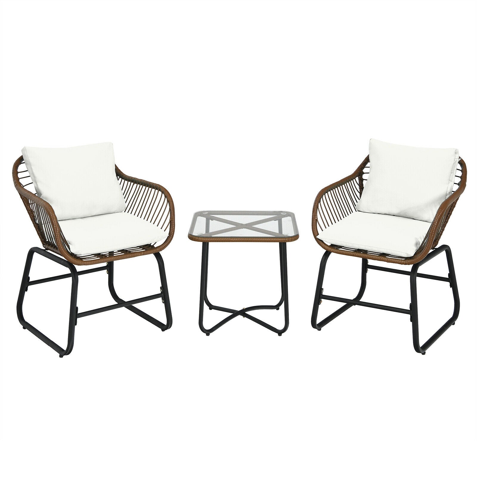 3 Pieces Patio Rattan Bistro Set Cushioned Chair Glass Table Deck