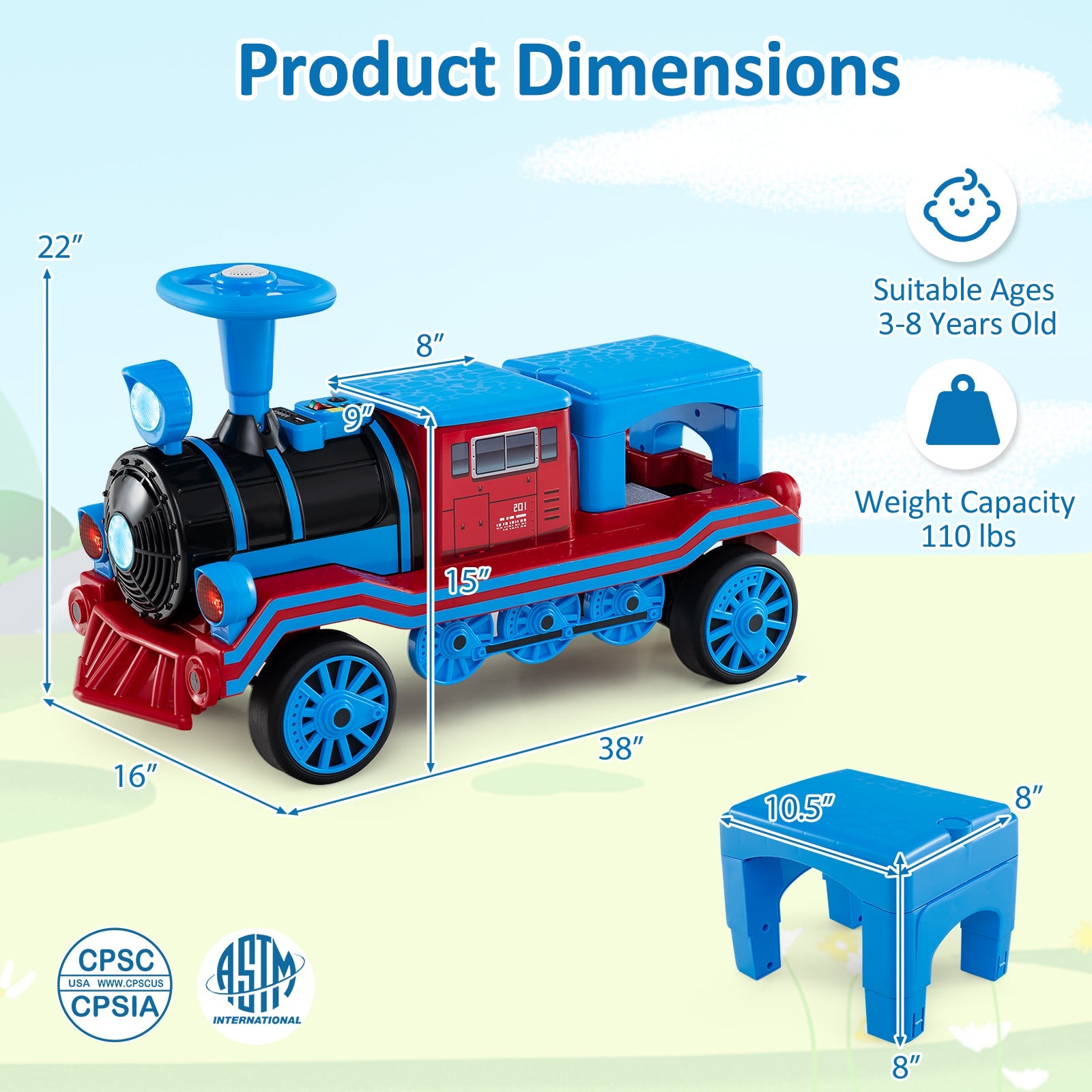12V 2-Seater Ride on Toy with Train Whistle and Removable Chair