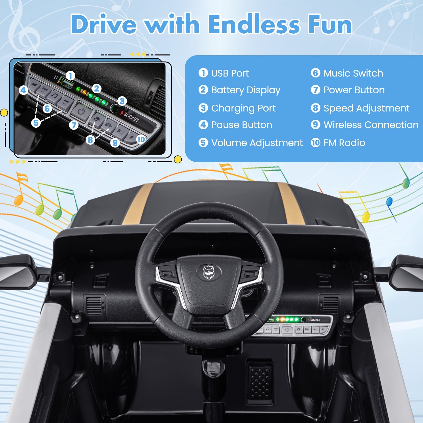 12V Kids Ride on Police Car with Remote and Siren Flashing Lights