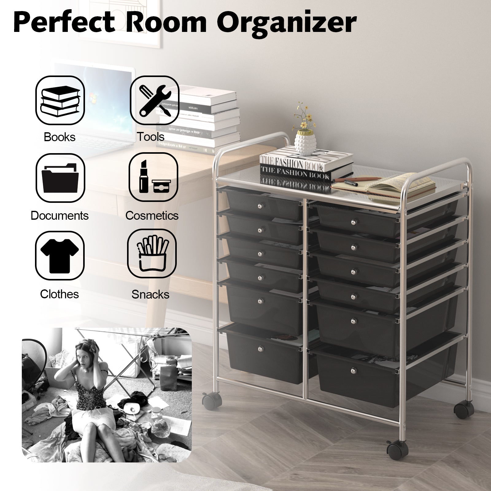 12 Storage Drawer Organizer Bins Rolling Cart