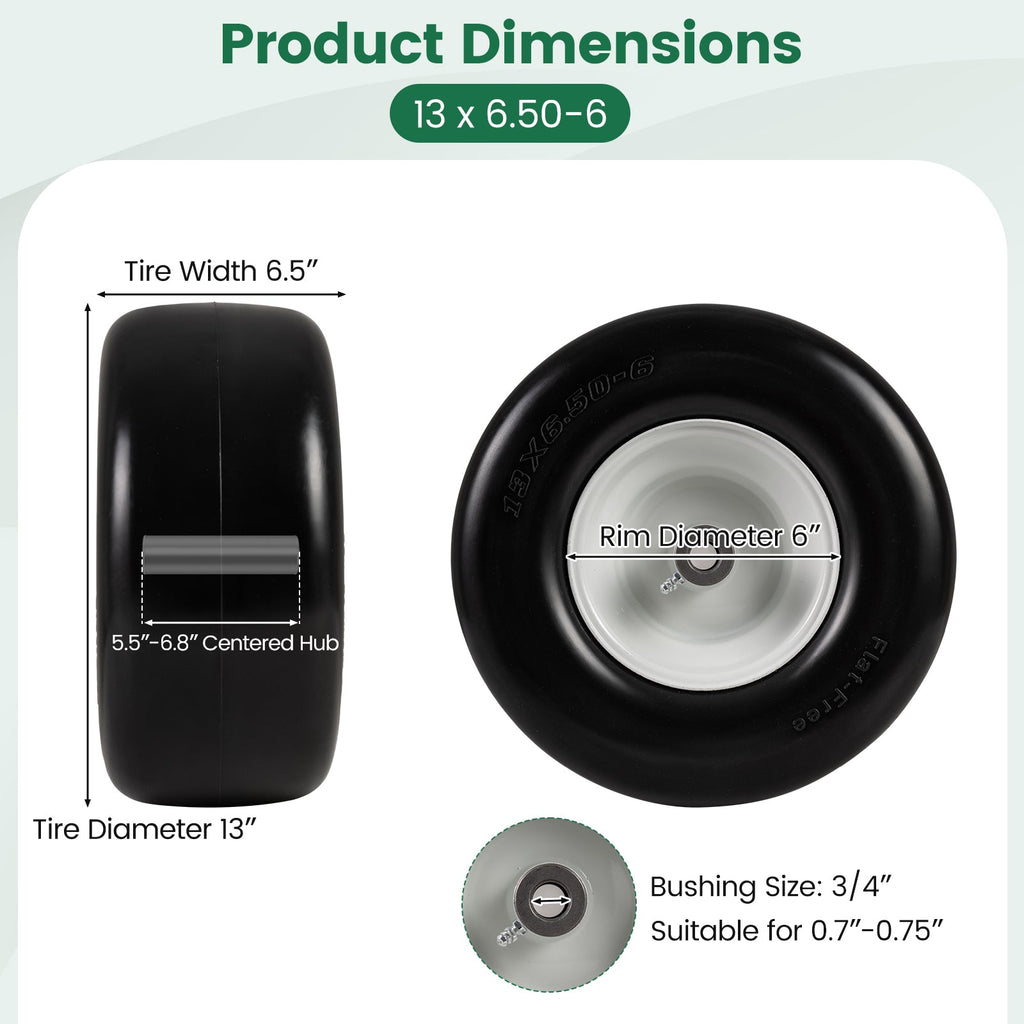 13 x 6.50-6 Flat Free Tires and Wheels 2 Pack Solid Rubber Tires-White