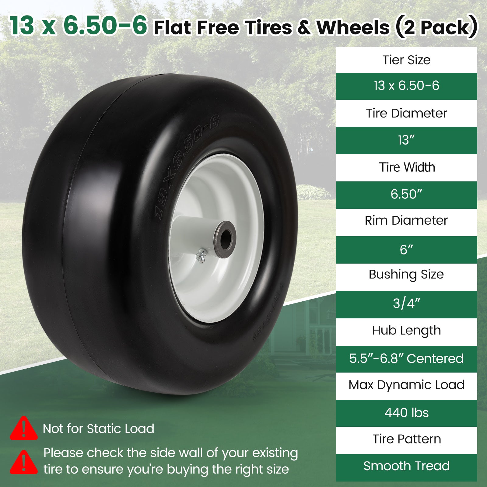 13 x 6.50-6 Flat Free Tires and Wheels 2 Pack Solid Rubber Tires-White