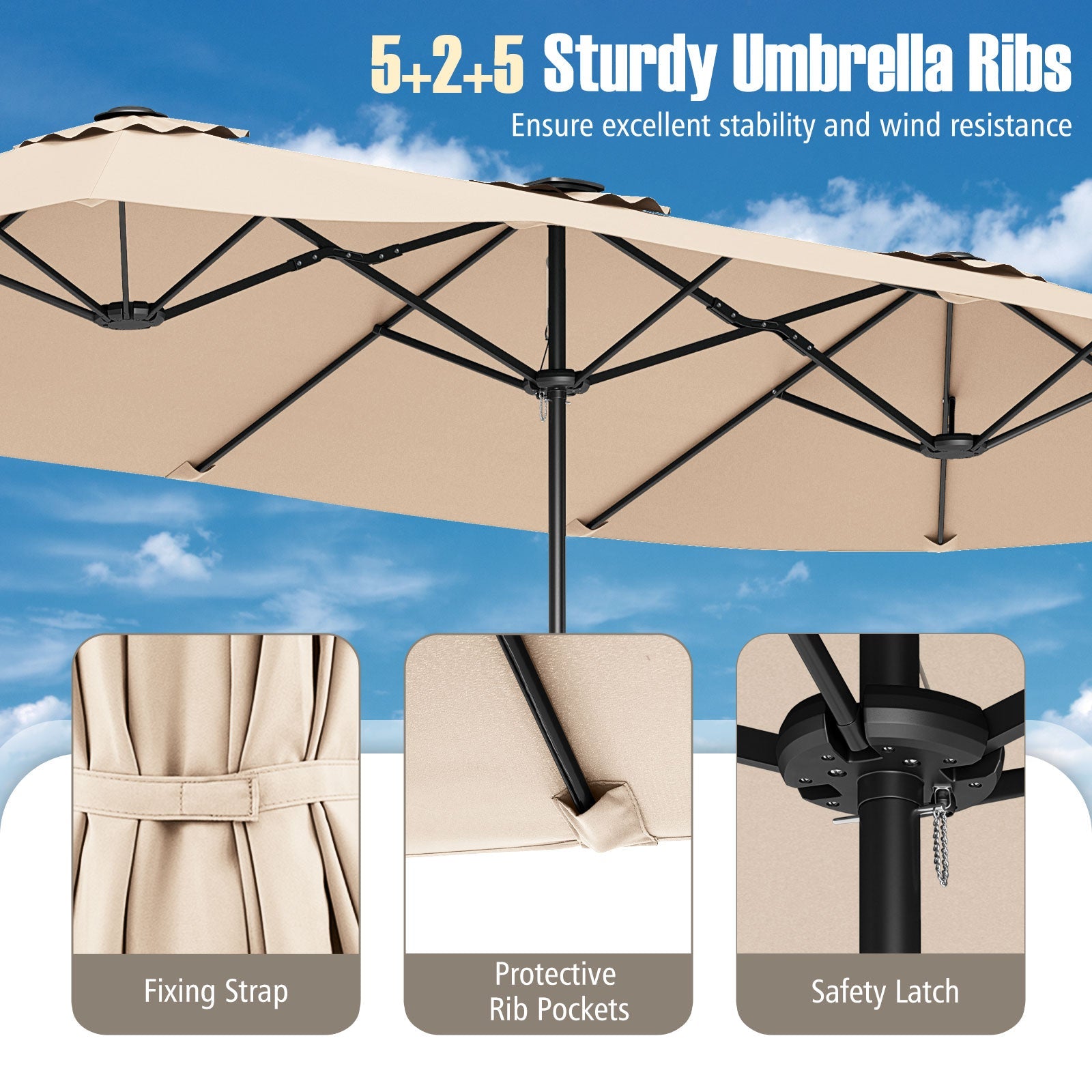 15.5 FT Extra-Large Patio Umbrella with LED Solar Lights and Crank Handle