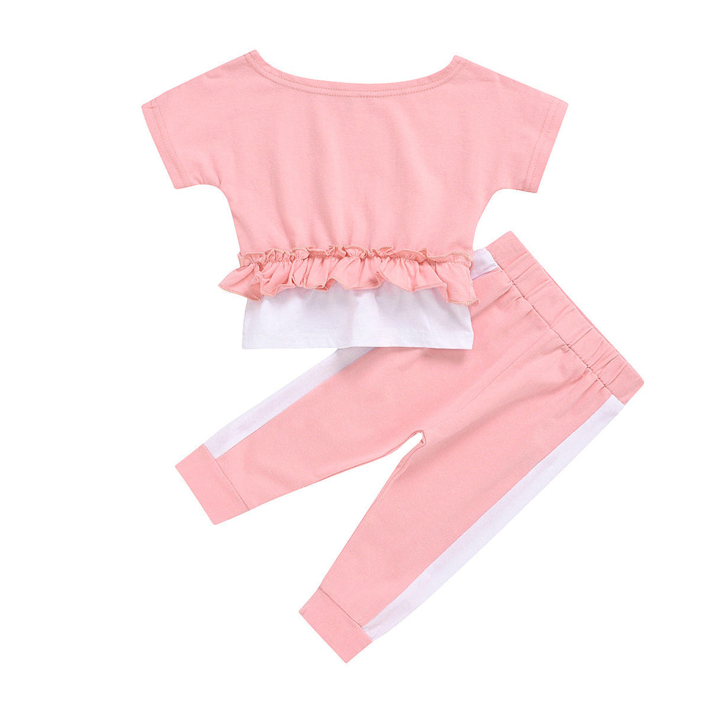 Fashion Girls Big Neckline Top Stitching Pants Suit