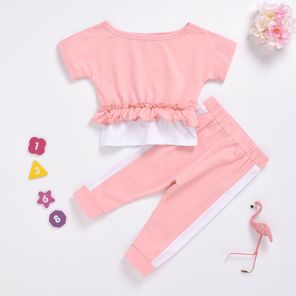 Fashion Girls Big Neckline Top Stitching Pants Suit