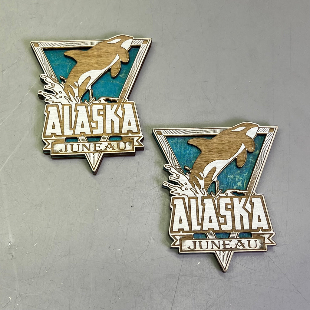 Z@ (2 PACK) Killer Whale Laser Cut Wood Magnet Souvenir JUNEAU, AK Made In USA