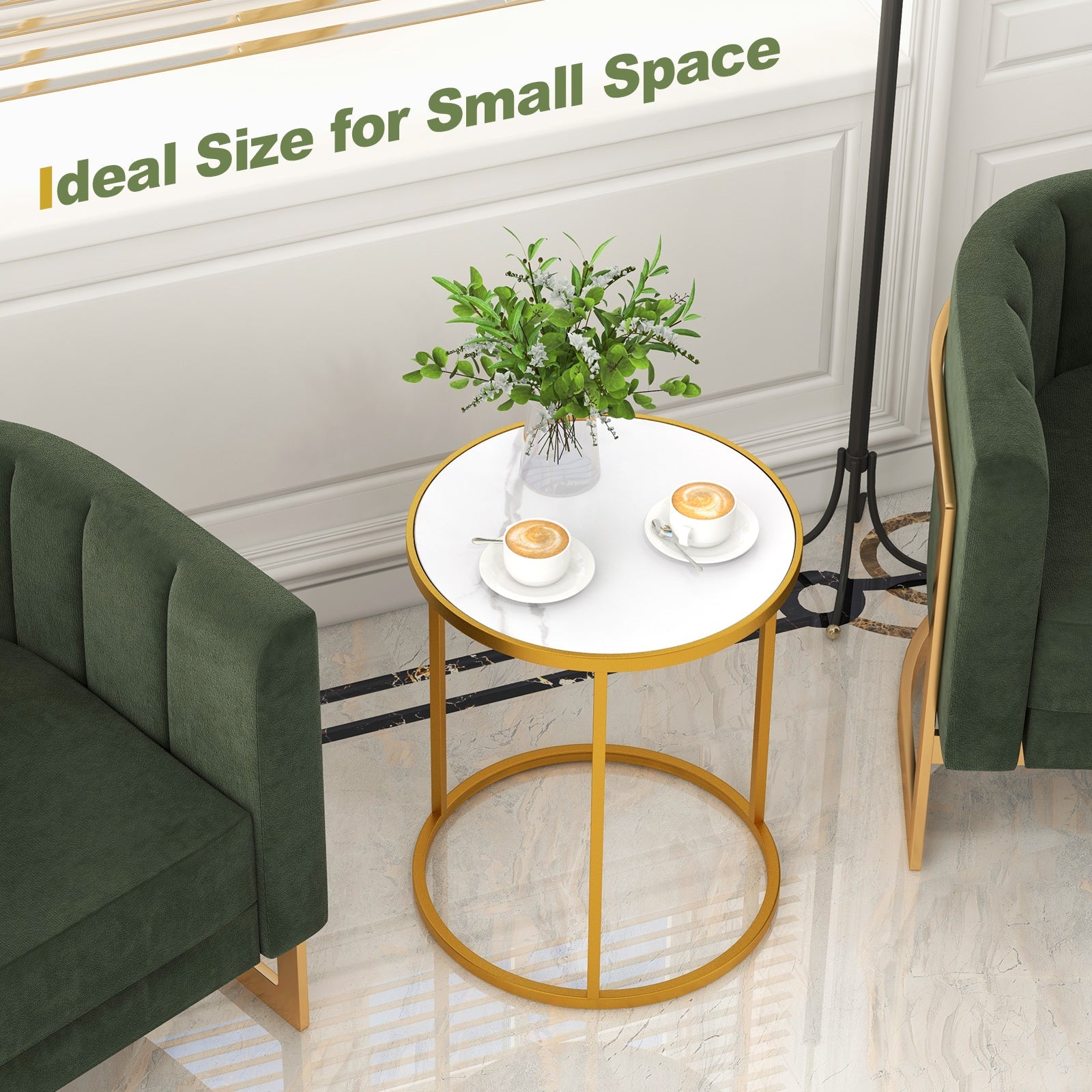 16 Inch Marble Top Round Side Table with Golden Metal Frame for Living Room Bedroom