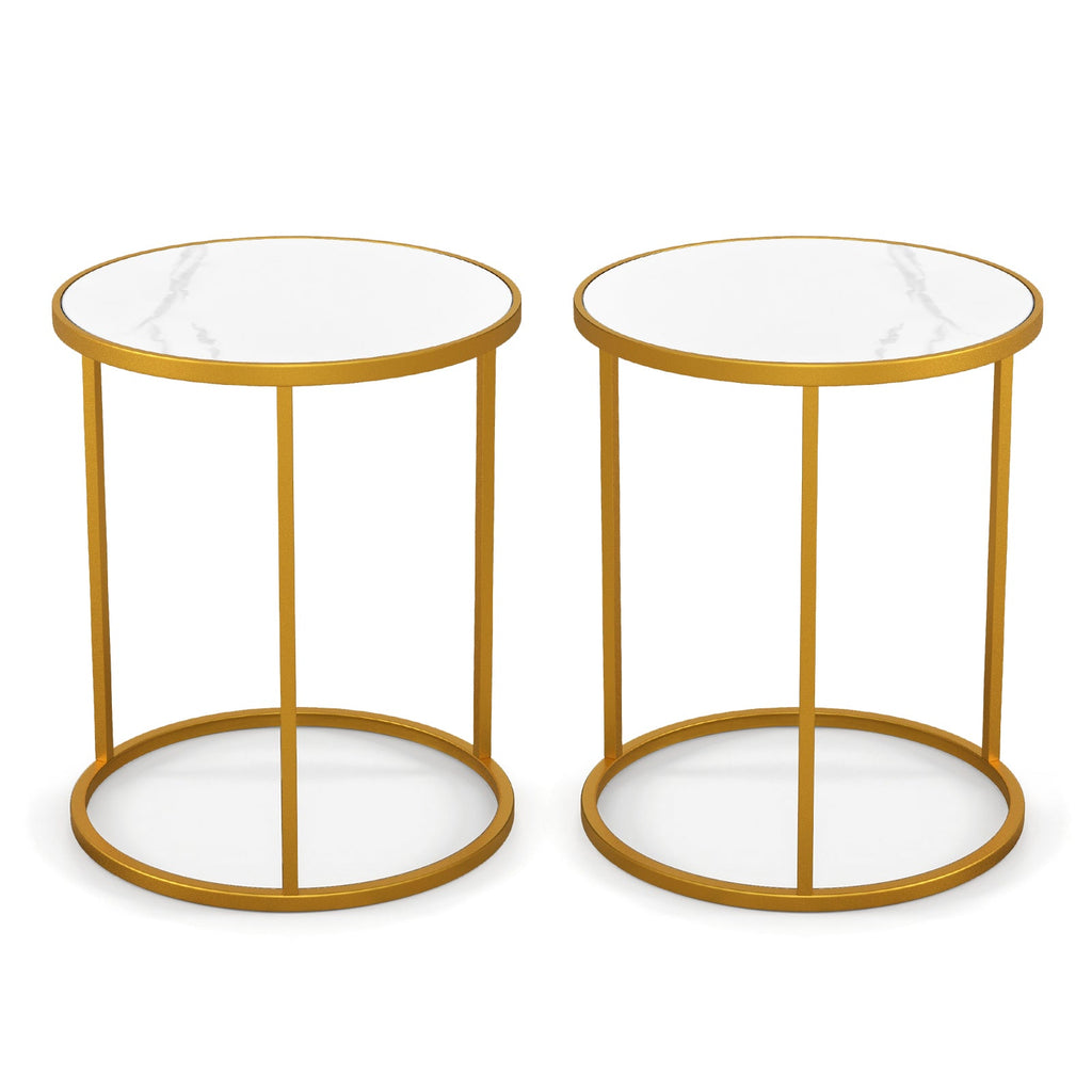 16 Inch Marble Top Round Side Table with Golden Metal Frame for Living Room Bedroom