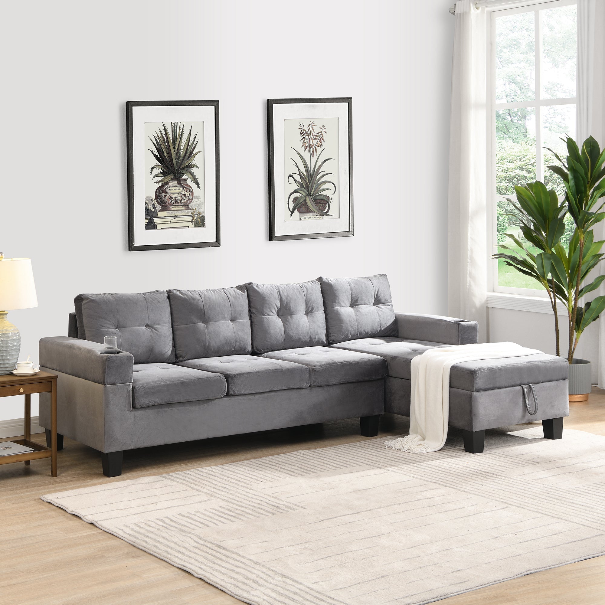 Modern Sectional Sofa Set with L Shape Chaise Lounge and Storage in Grey Velvet Fabric
