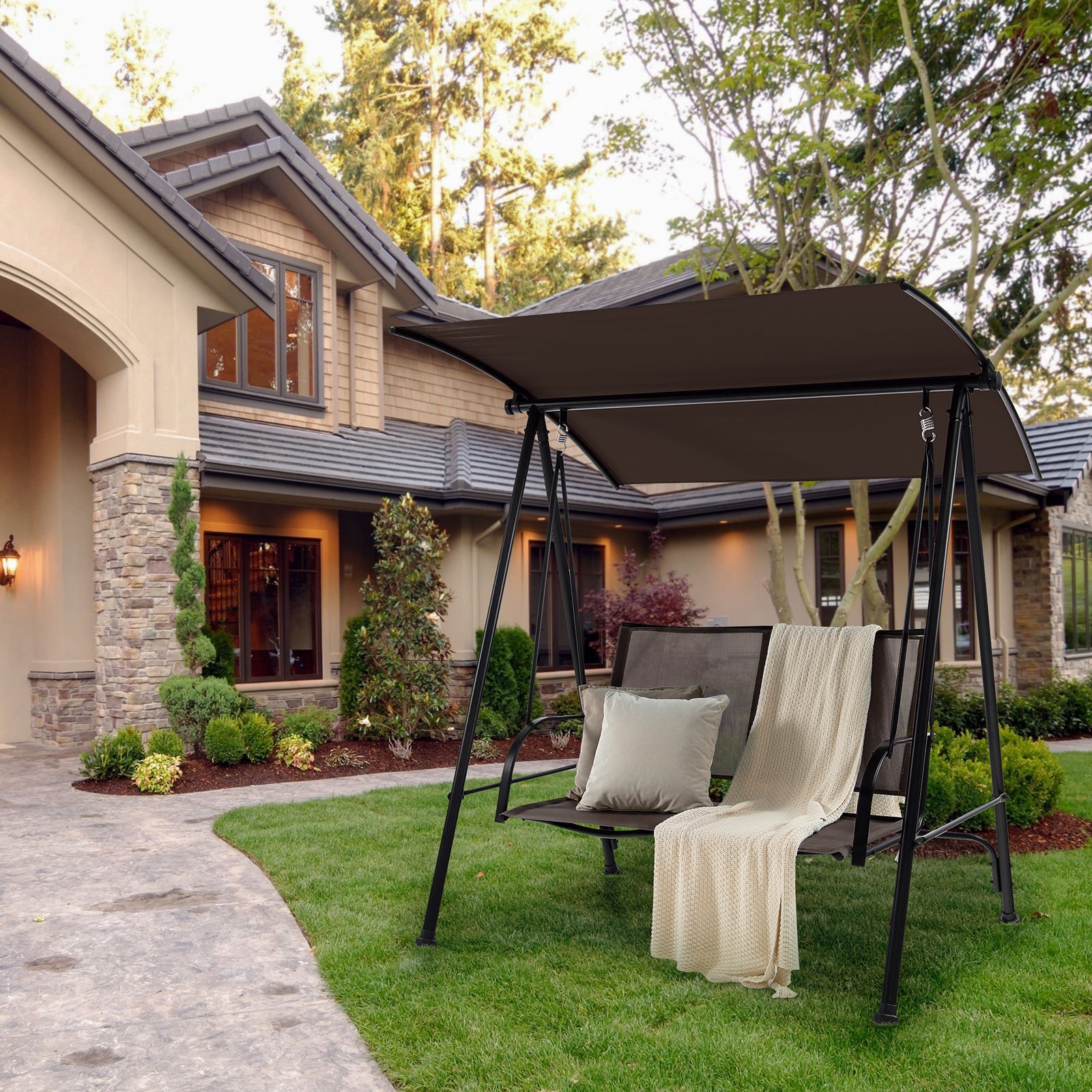2-Seat Outdoor Canopy Swing with Comfortable Fabric Seat and Heavy-duty Metal Frame
