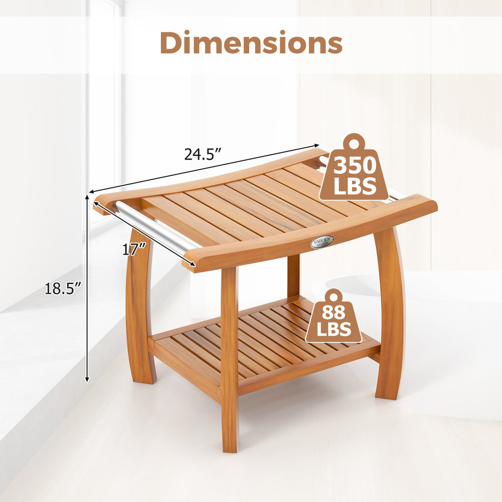 2-Tier Teak Wood Shower Bench Shower Stool with Curved Seat and Handles