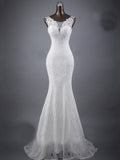 Lace slim and thin double shoulder tail wedding dress