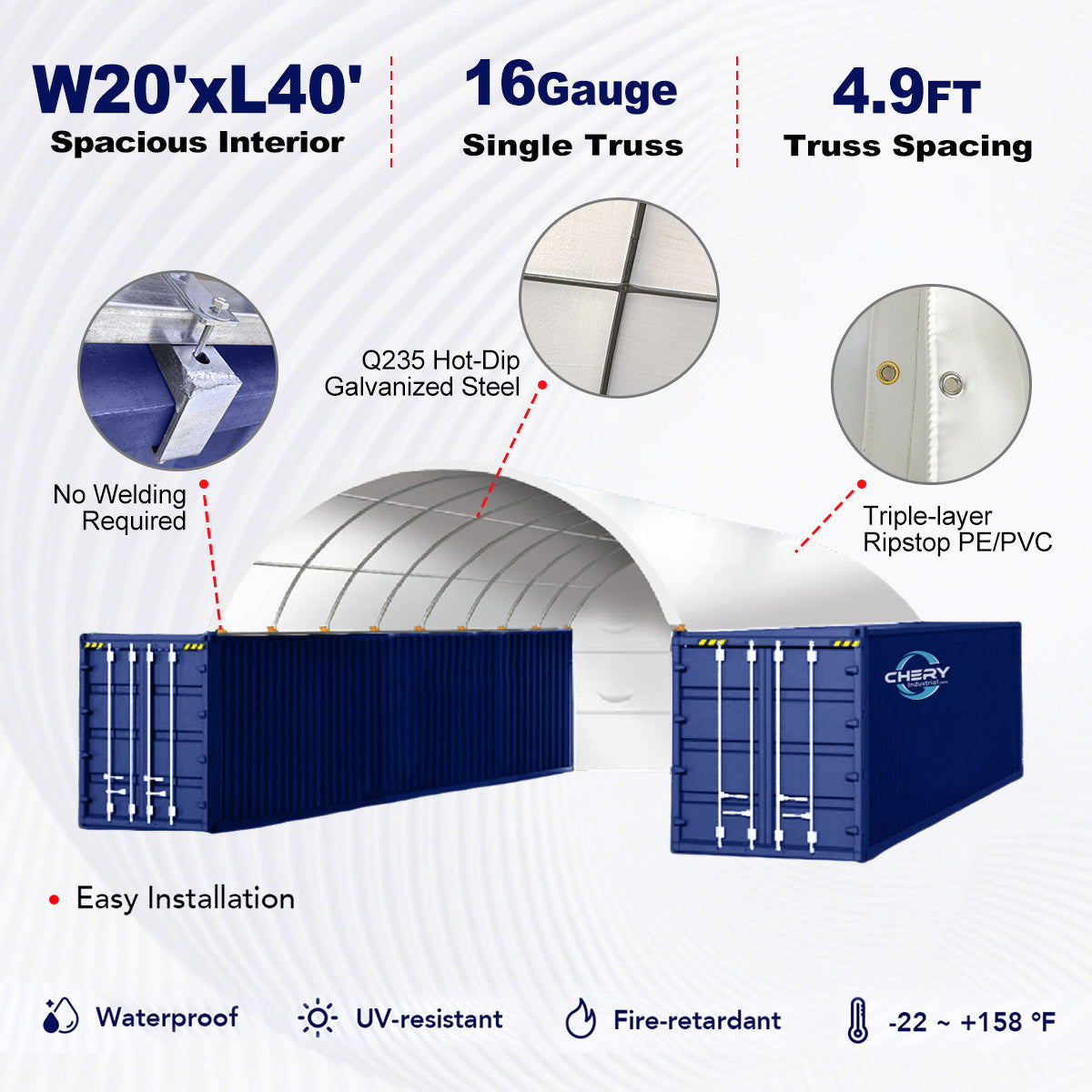 20x40 ft Container Shelter with Closed Back Panel