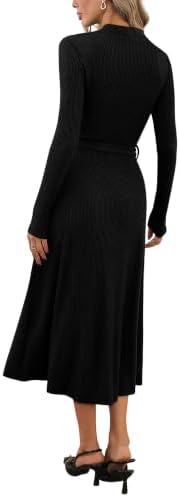 OFEEFAN Long Sleeve Dress Mock Neck Tie Waist Ribbed Knit Midi Dresses Fall Outfits