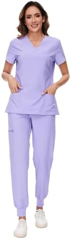 COZYFIT Scrubs for Women Set - Stretch V-Neck & Jogger Pant with 9 Pockets