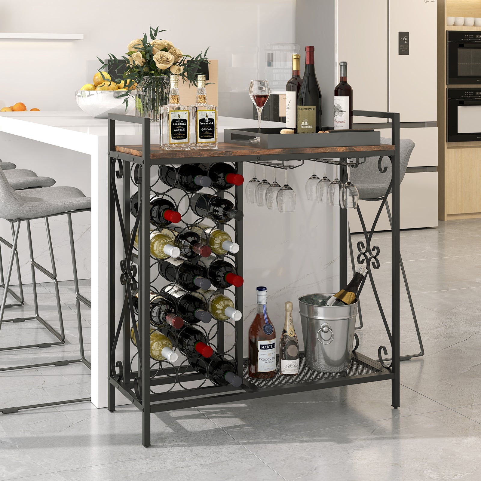 21 Bottle Wine Rack Freestanding Floor Wine Bottle Organizer with Glass Holder