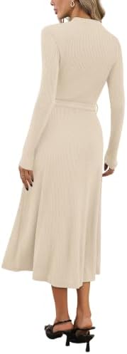OFEEFAN Long Sleeve Dress Mock Neck Tie Waist Ribbed Knit Midi Dresses Fall Outfits