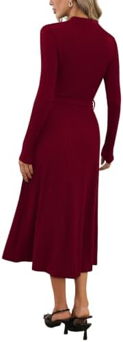 OFEEFAN Long Sleeve Dress Mock Neck Tie Waist Ribbed Knit Midi Dresses Fall Outfits