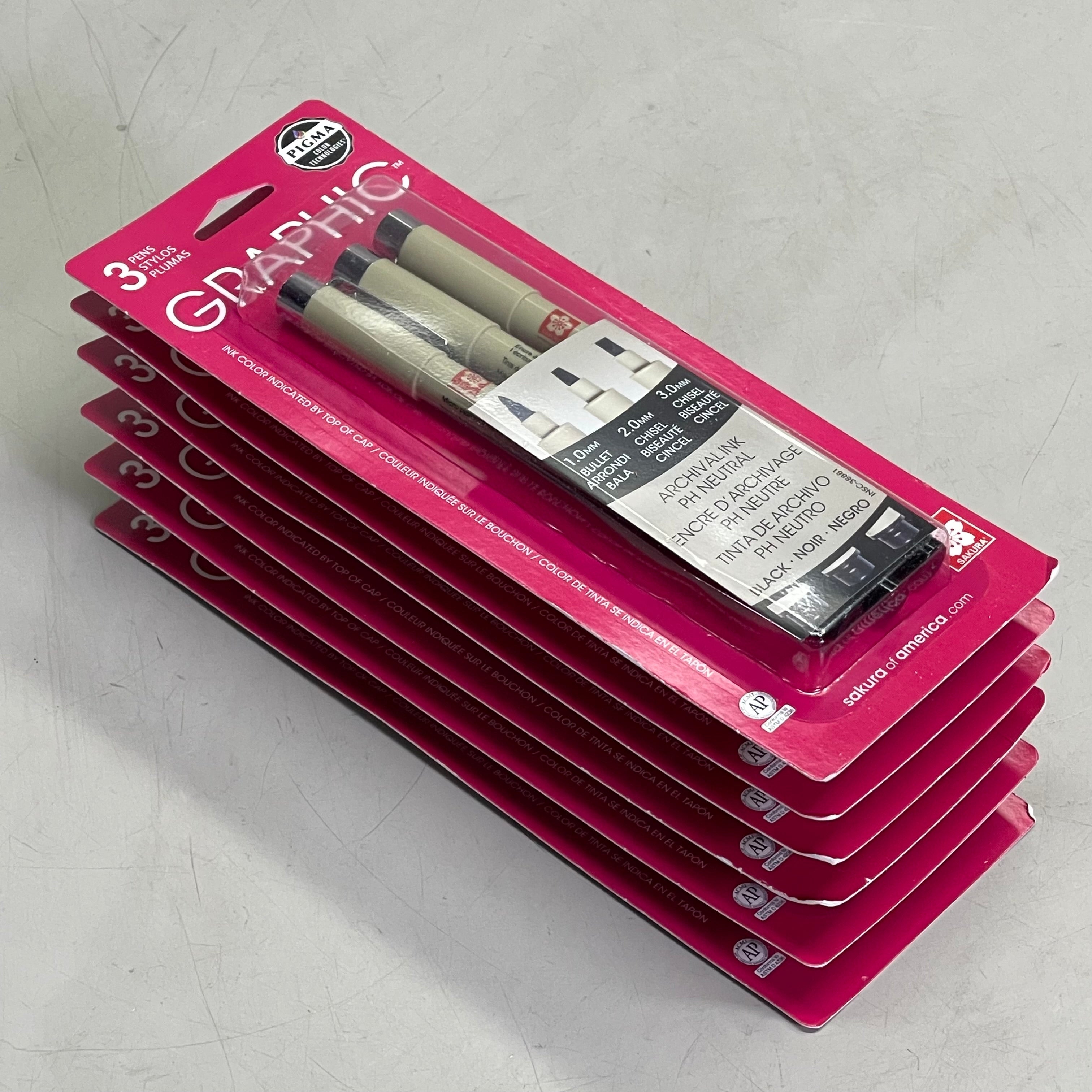 SAKURA (6-PACK) Pigma Graphic Pens, Archival Ink 1mm, 2mm, 3mm Black 38881