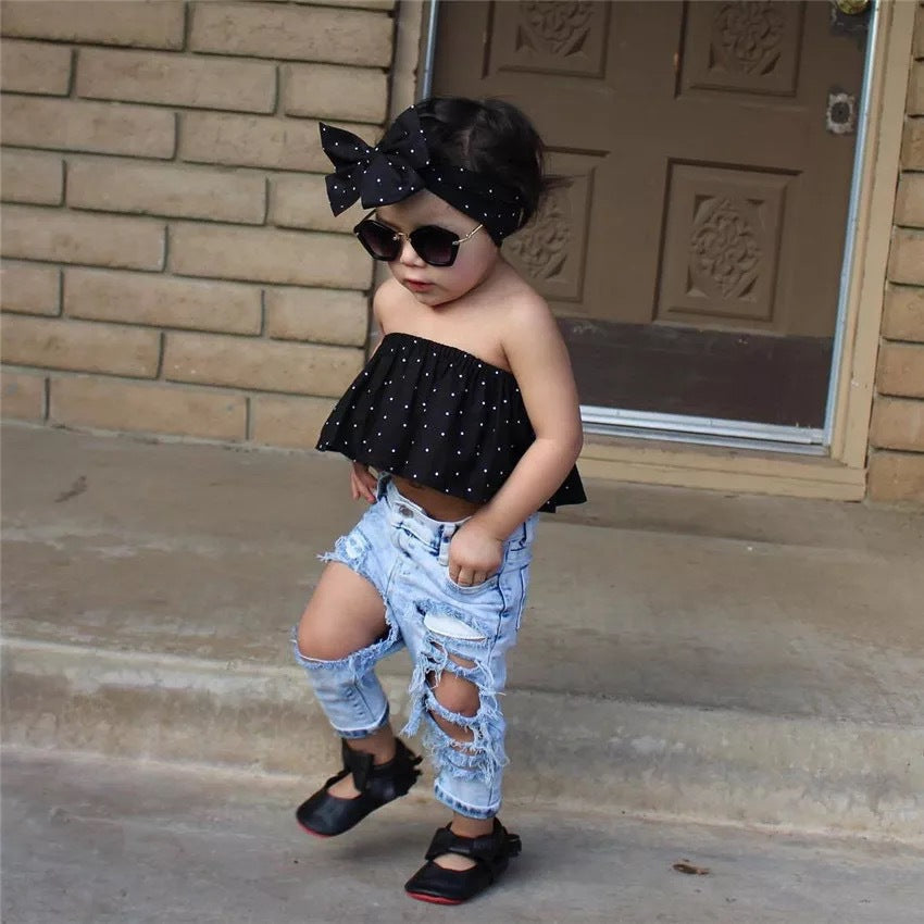 Girls' Woven Stretch Print Dot Cotton Denim Ripped Trousers Turban Three-piece European And American Cross-border Suit