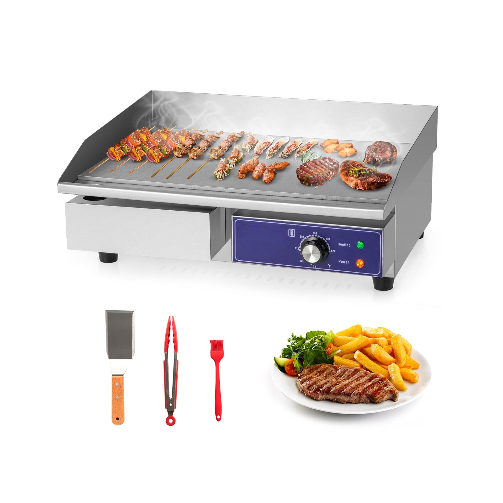 22 Inch Countertop Electric Griddle 2000W 110V Commercial Stainless Steel Grill-Silver
