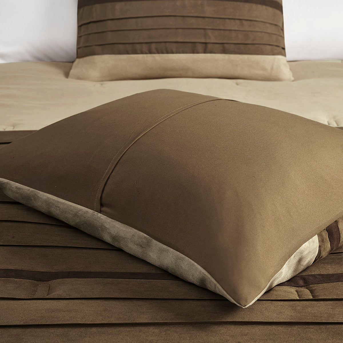 7 PC Pieced Faux Suede Comforter Set Natural Queen