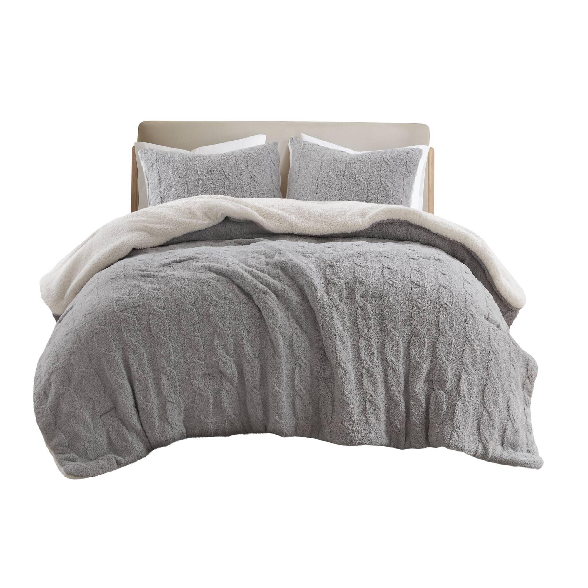 3 Pieces Full/Queen Cable Knit Chenille Comforter Set Gray