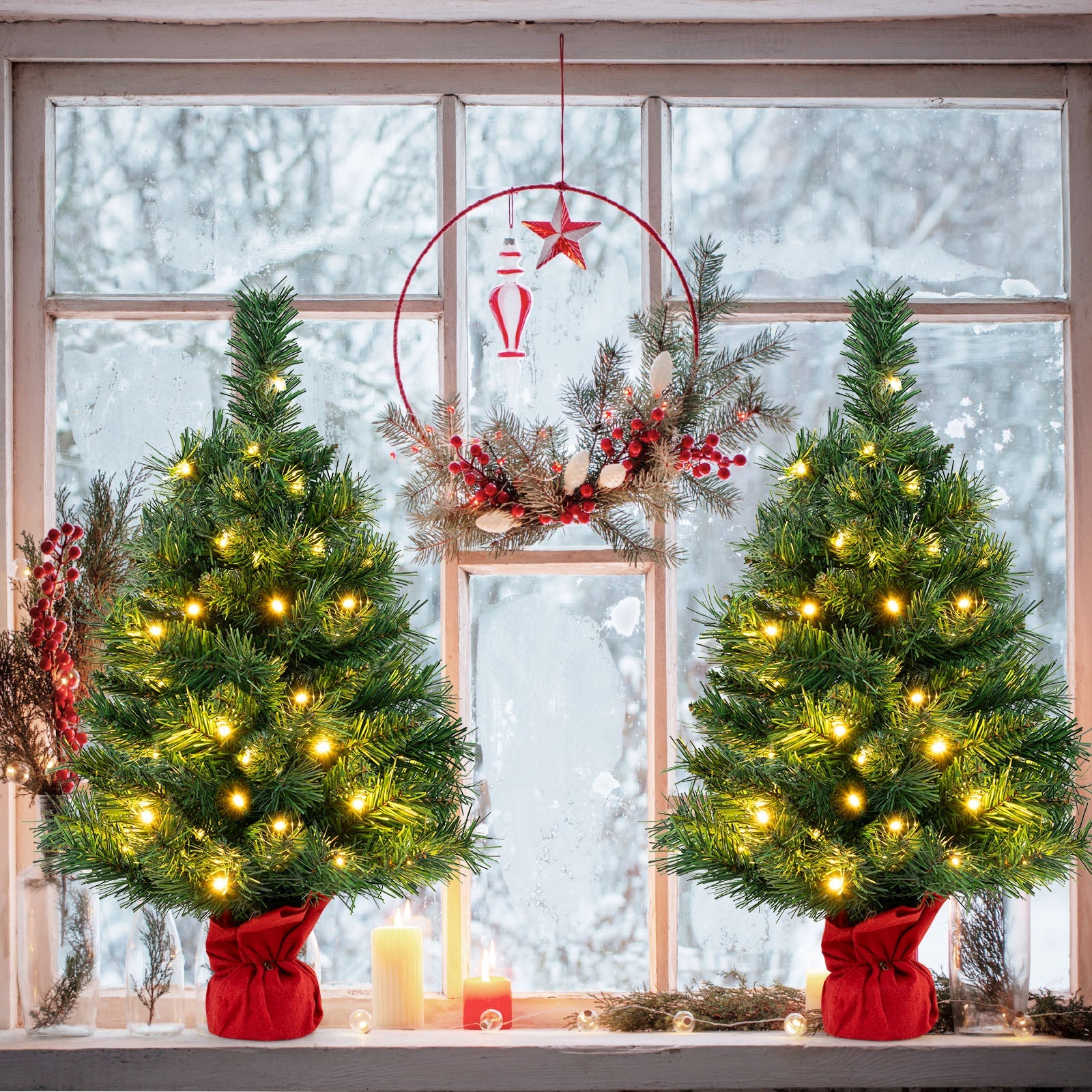 24 Inch Mini Pre-Lit Christmas Tree Small Tabletop Fir Xmas Tree