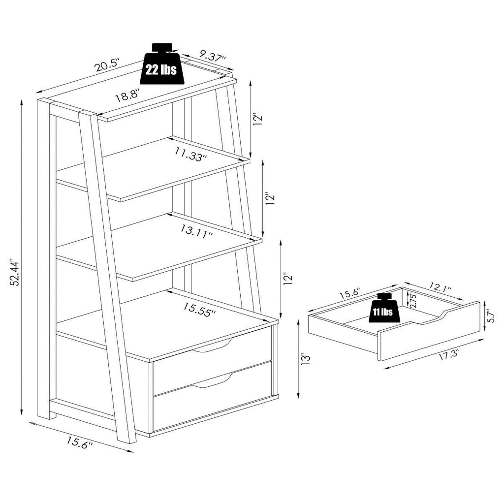 4-Tier Ladder Bookshelf Storage Display with 2 Drawers-White