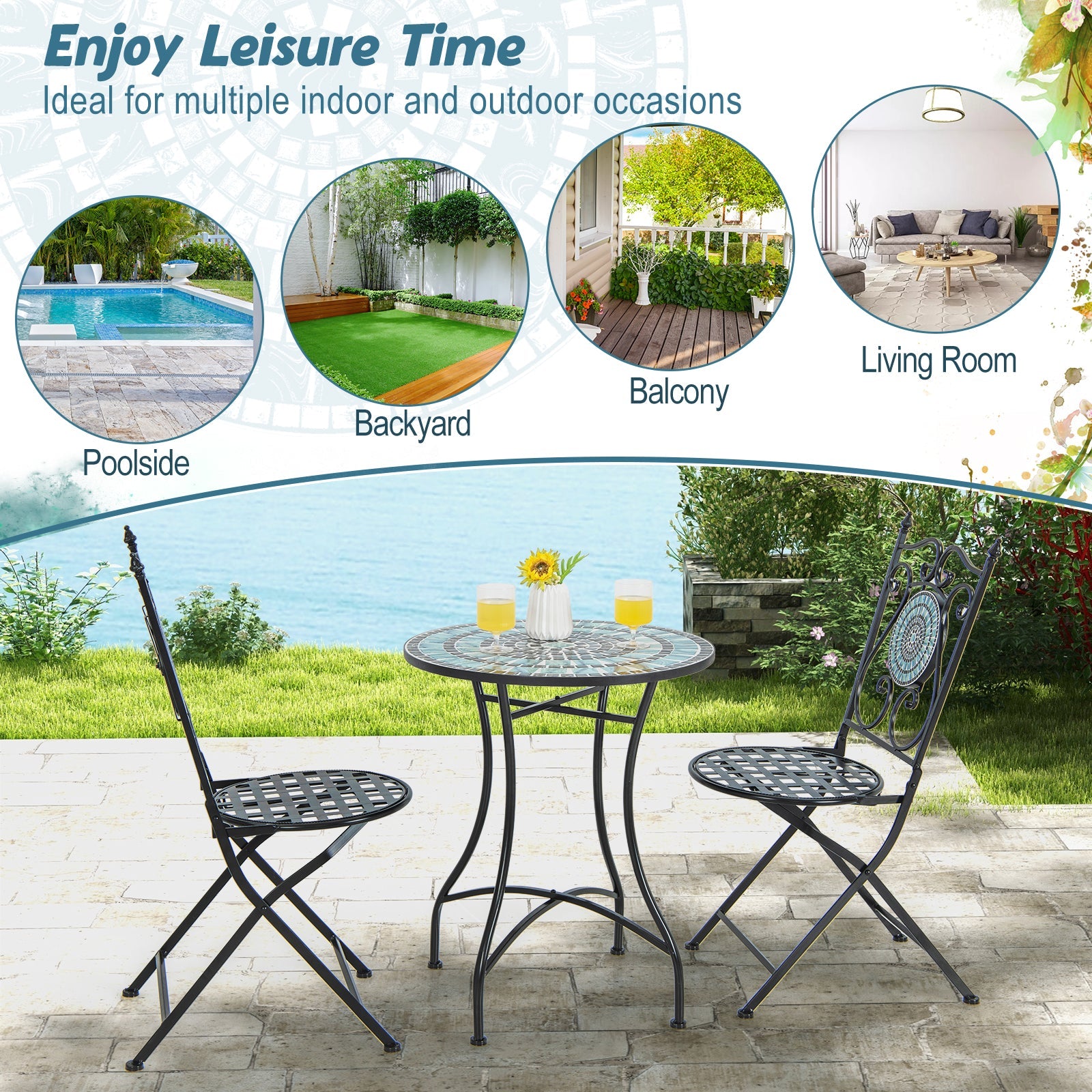 24 Inch Patio Bistro Table with Ceramic Tile Tabletop