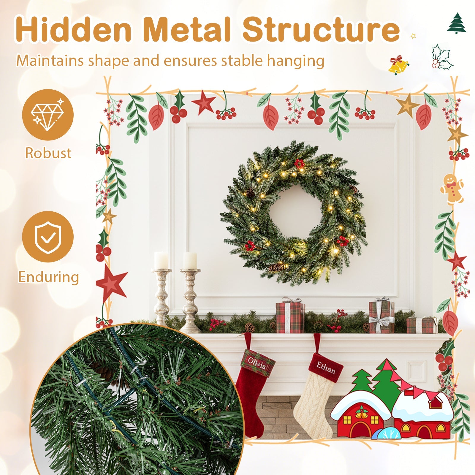 24‚Äù Pre-lit Christmas Wreath Set of 2 Front Door Artificial Xmas Wreath with 90 Frosted Branch Tips