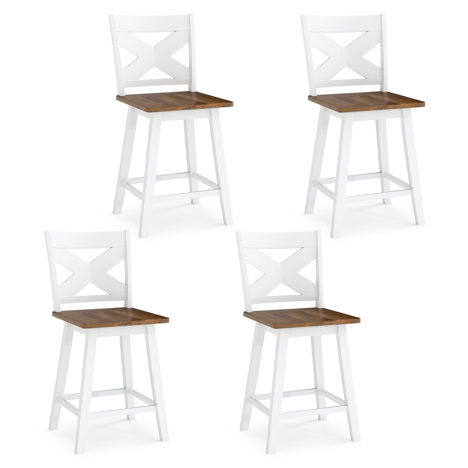 24" Rubberwood Swivel Barstools Set of 4 with Backrest and Large Seat
