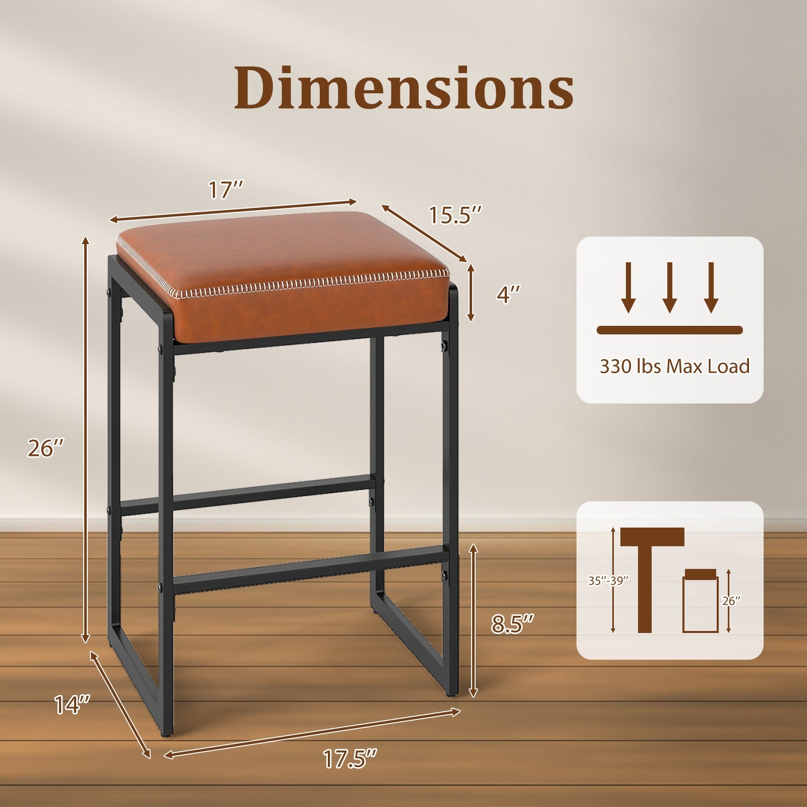 26 inch Bar Stools Set of 4 Counter Height Barstools with Faux Leather Upholstered Seat