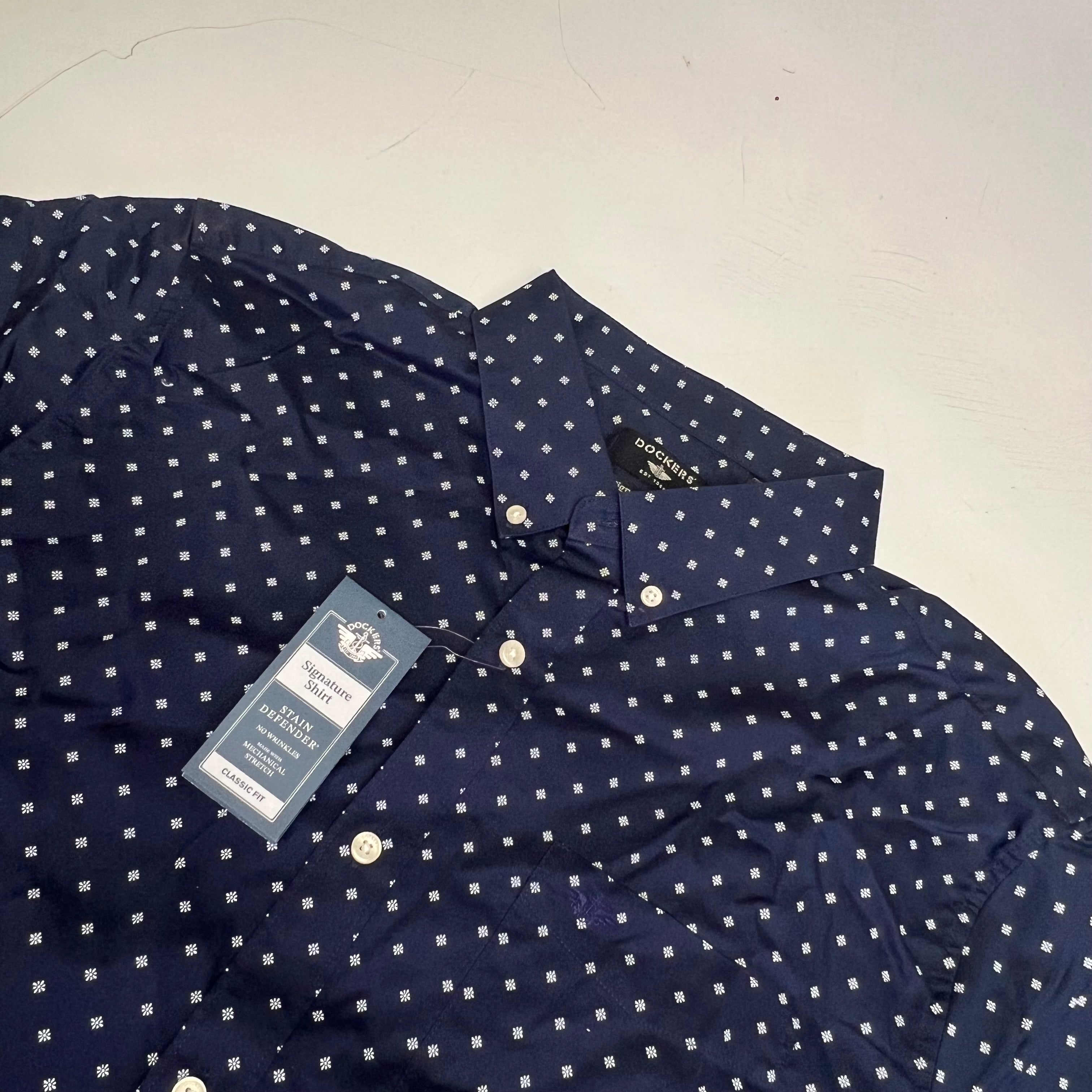 DOCKERS Stain Defender Button Up Shirt Daisy Pattern Men's Sz XXL Navy Blue