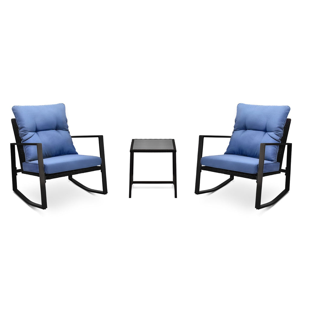 3 Pieces Patio Bistro Set Outdoor Rocking Chair with Blue Cushion for Yard Garden Poolside