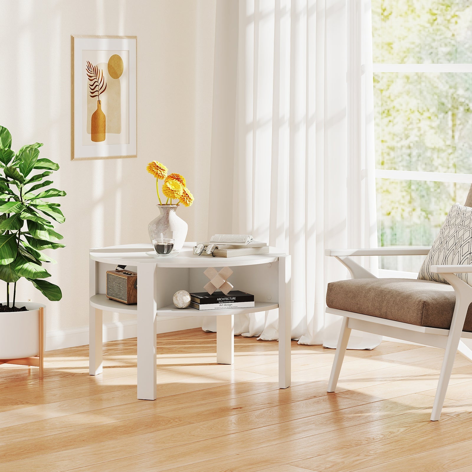 29.5 Inch Round Coffee Table with Storage Shelves for Small Space