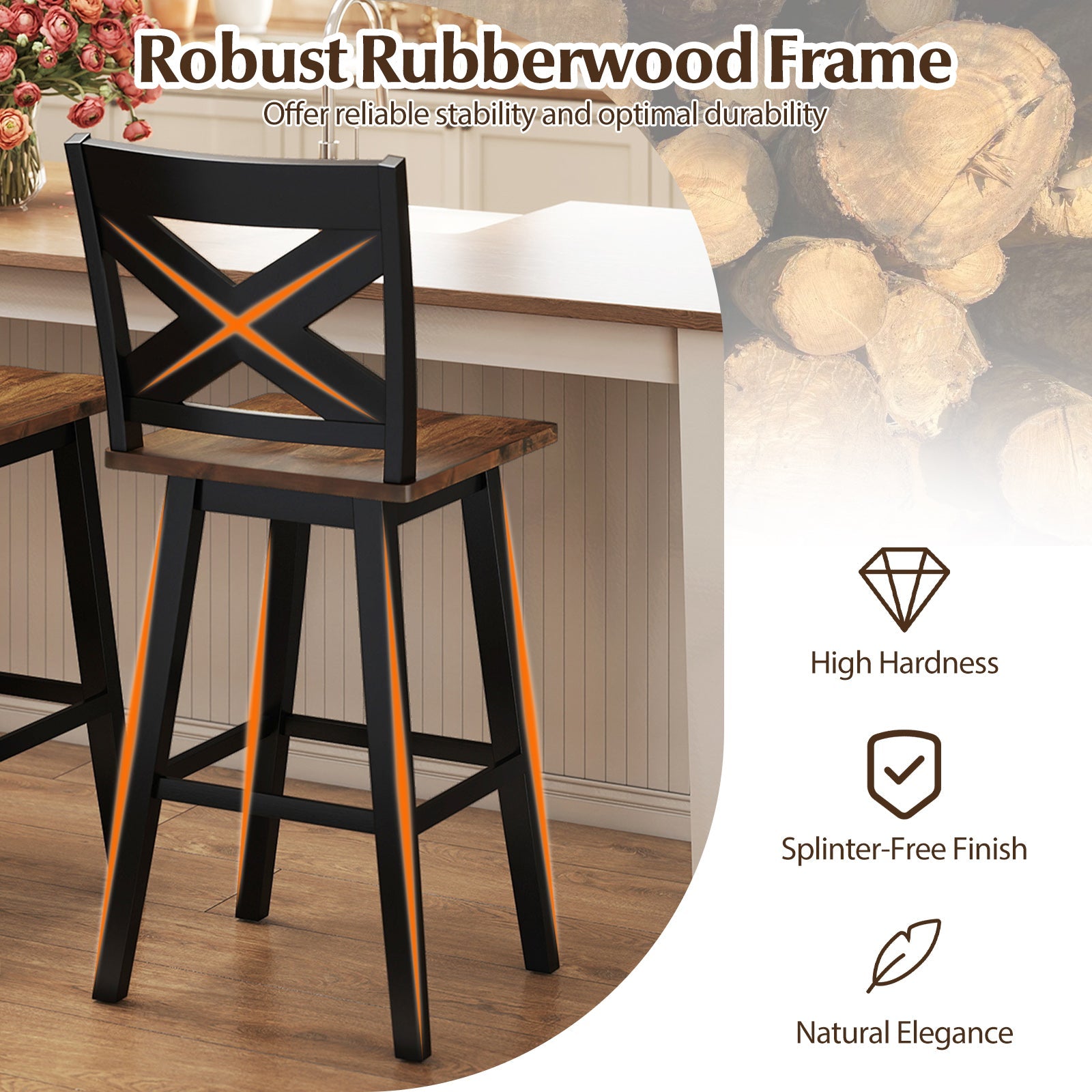 29" Rubberwood Swivel Barstools Set of 4 with Backrest and Large Seat