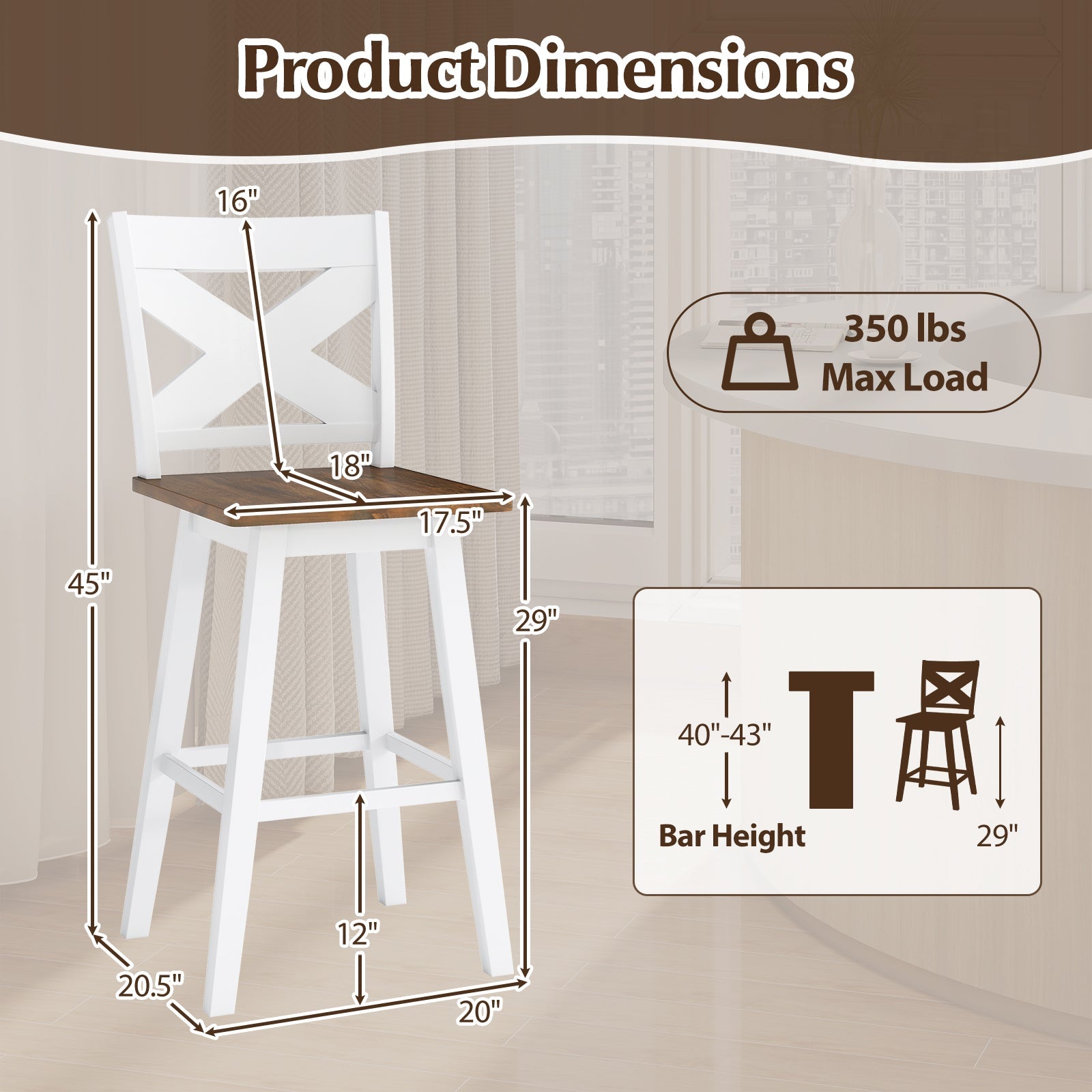 29" Rubberwood Swivel Barstools Set of 4 with Backrest and Large Seat