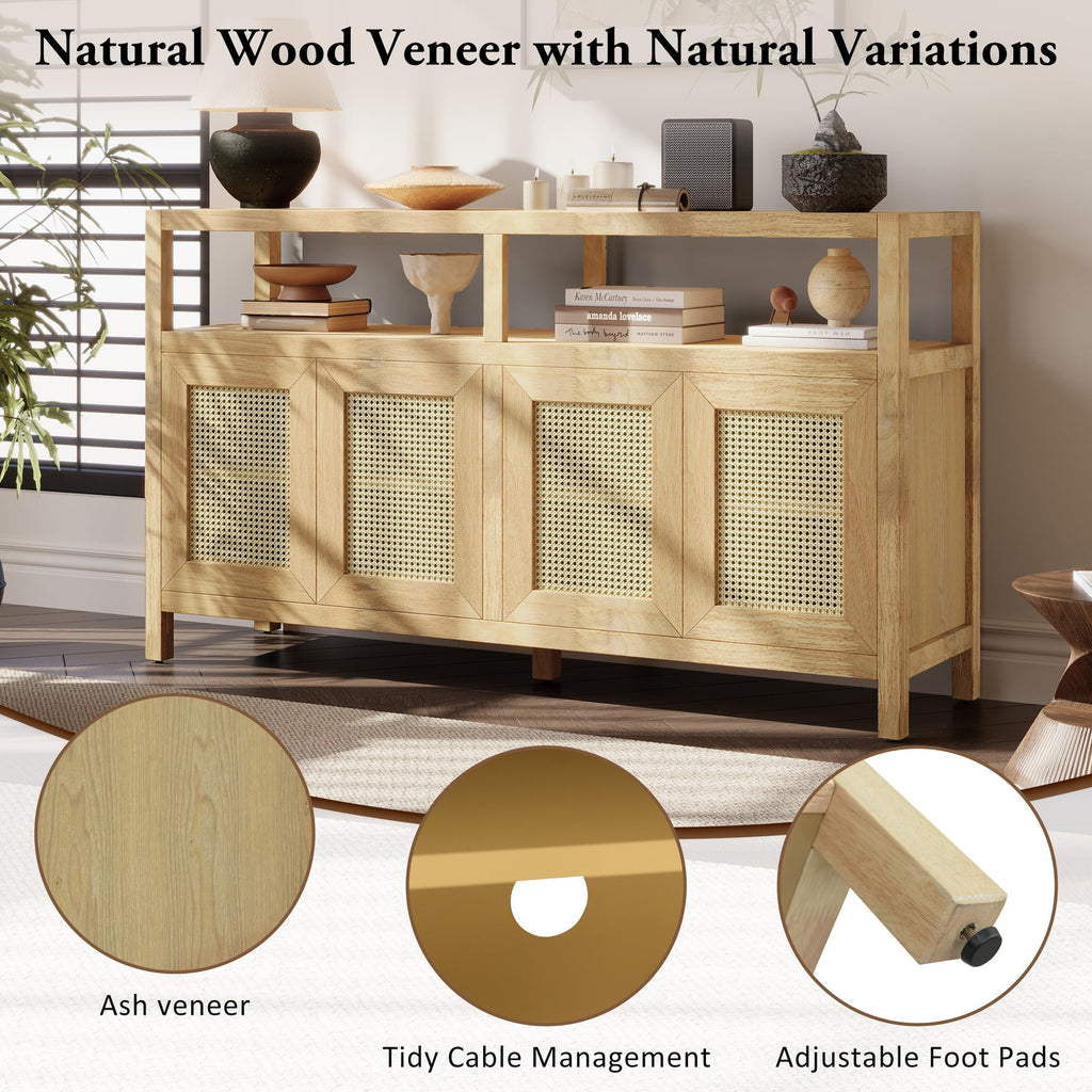 Bohemian Style Rattan Buffet Storage Cabinet with Solid Wood Frame