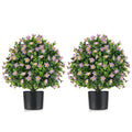 2 Pack Artificial Boxwood Topiary Ball Tree Faux Shrub Bushes with Flowers