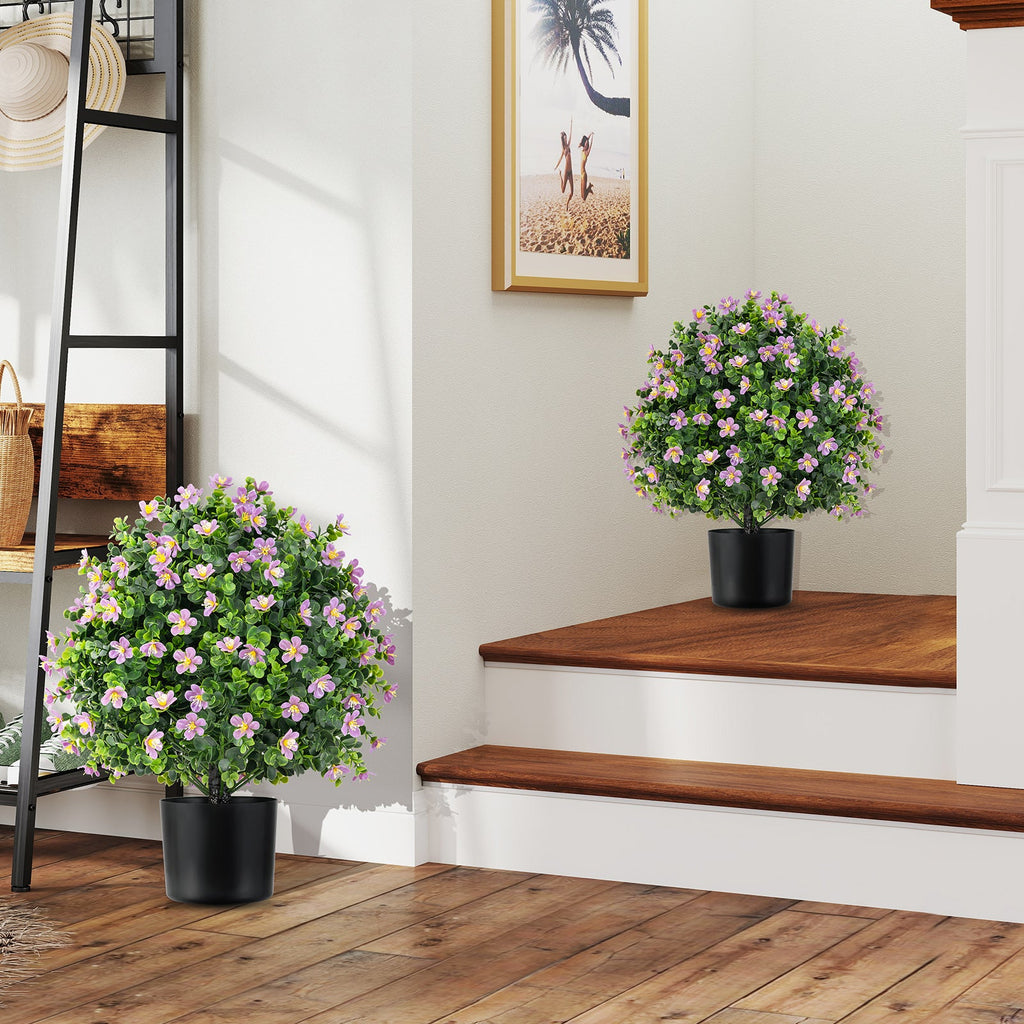 2 Pack Artificial Boxwood Topiary Ball Tree Faux Shrub Bushes with Flowers